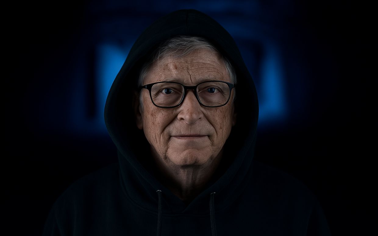 Bill Gates com óculos e expressão séria, vestindo um moletom com capuz em um ambiente escuro com iluminação azul ao fundo.
