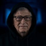 Bill Gates com óculos e expressão séria, vestindo um moletom com capuz em um ambiente escuro com iluminação azul ao fundo.