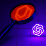 Ilustração digital com lupa ampliando um símbolo em fundo roxo quadriculado, com destaque para o brilho neon do logotipo semelhante ao do ChatGPT.