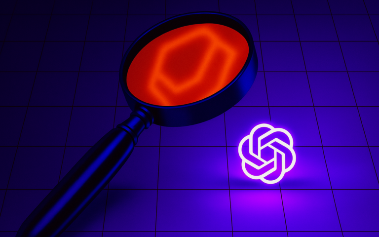 Ilustração digital com lupa ampliando um símbolo em fundo roxo quadriculado, com destaque para o brilho neon do logotipo semelhante ao do ChatGPT.