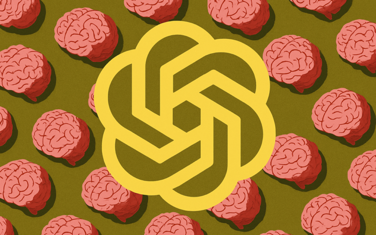 Ilustração digital com cérebros cor-de-rosa em padrão repetido sobre fundo verde oliva, com símbolo gráfico central amarelo inspirado no logo do ChatGPT, representando o recurso de memórias da ferramenta.