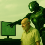 Homem idoso ao lado de um robô futurista observando duas telas de computador com interface verde brilhante em um ambiente com iluminação esverdeada.