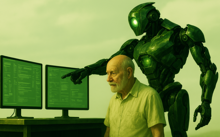 Homem idoso ao lado de um robô futurista observando duas telas de computador com interface verde brilhante em um ambiente com iluminação esverdeada.