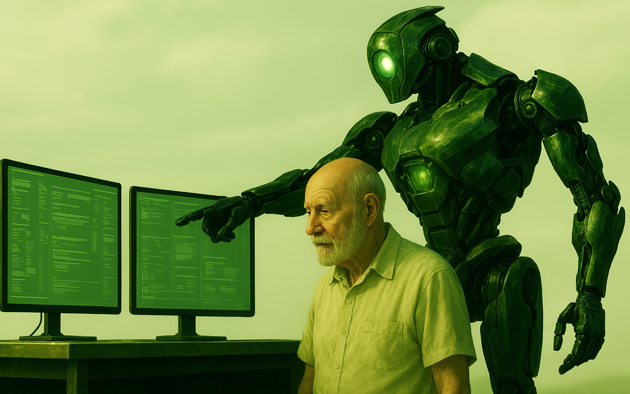 Homem idoso ao lado de um robô futurista observando duas telas de computador com interface verde brilhante em um ambiente com iluminação esverdeada.