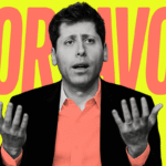 Retrato estilizado de Sam Altman com expressão séria, em frente a um fundo amarelo vibrante com a palavra "POR FAVOR" escrita em letras grandes e corais.