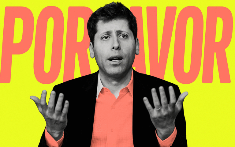 Retrato estilizado de Sam Altman com expressão séria, em frente a um fundo amarelo vibrante com a palavra "POR FAVOR" escrita em letras grandes e corais.