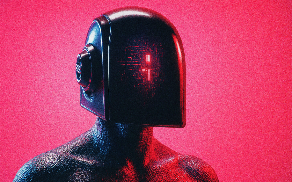 Figura humanoide com capacete preto futurista em ambiente com fundo vermelho granulado; a iluminação dramática destaca os detalhes tecnológicos e o visor digital, simbolizando o conceito de agentes de inteligência artificial em um estilo cyberpunk