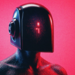 Figura humanoide com capacete preto futurista em ambiente com fundo vermelho granulado; a iluminação dramática destaca os detalhes tecnológicos e o visor digital, simbolizando o conceito de agentes de inteligência artificial em um estilo cyberpunk