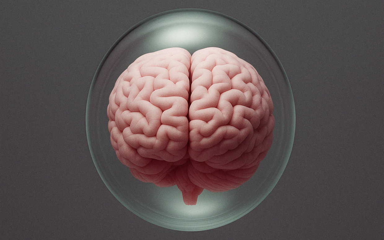 Cérebro humano rosa flutuando dentro de uma esfera de vidro translúcida, com fundo escuro e iluminação suave destacando os detalhes das dobras cerebrais.