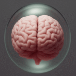 Cérebro humano rosa flutuando dentro de uma esfera de vidro translúcida, com fundo escuro e iluminação suave destacando os detalhes das dobras cerebrais.