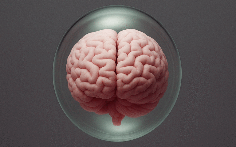 Cérebro humano rosa flutuando dentro de uma esfera de vidro translúcida, com fundo escuro e iluminação suave destacando os detalhes das dobras cerebrais.
