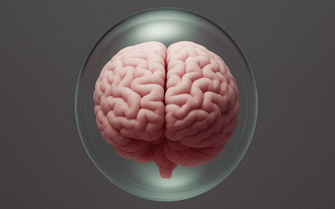 Cérebro humano rosa flutuando dentro de uma esfera de vidro translúcida, com fundo escuro e iluminação suave destacando os detalhes das dobras cerebrais.