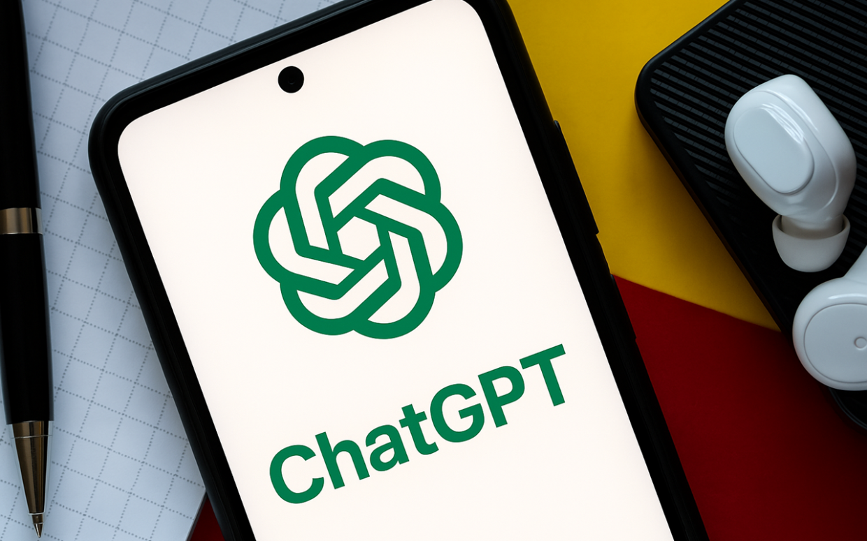 Smartphone com o logo do ChatGPT na tela, cercado por fone de ouvido branco, caneta preta e fundo colorido com tons de amarelo e vermelho.