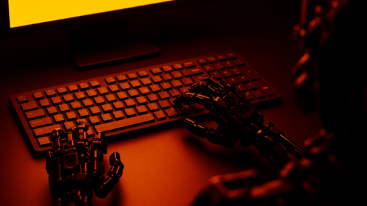 Mãos robóticas digitando em um teclado iluminado pela luz intensa de um monitor, simbolizando a interação entre inteligência artificial e criação humana.