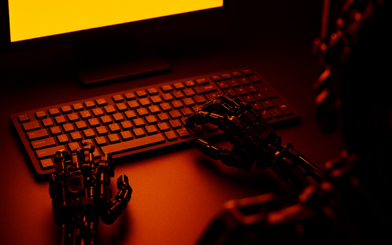 Mãos robóticas digitando em um teclado iluminado pela luz intensa de um monitor, simbolizando a interação entre inteligência artificial e criação humana.