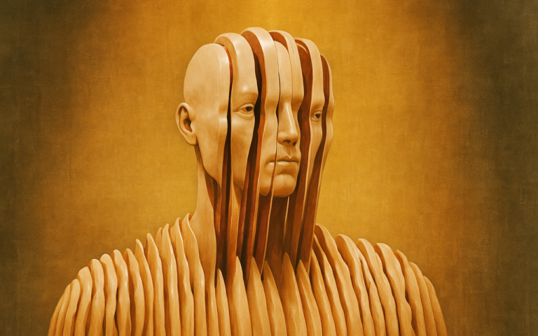 Ilustração surrealista de uma figura humana fragmentada em lâminas verticais, com fundo dourado texturizado, representando complexidade e identidade.