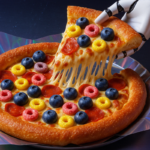 Pizza com borda grossa sendo servida por uma mão robótica; a fatia contém uma mistura incomum de ingredientes como pepperoni, mirtilos e cereais coloridos, com queijo derretido se esticando enquanto é retirada.