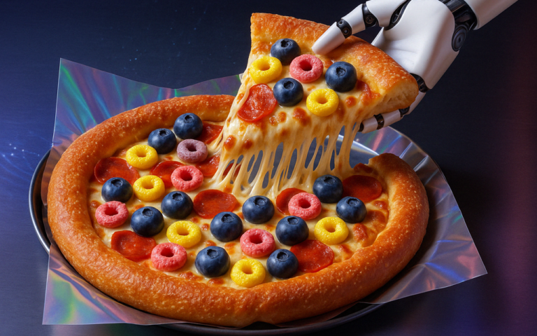 Pizza com borda grossa sendo servida por uma mão robótica; a fatia contém uma mistura incomum de ingredientes como pepperoni, mirtilos e cereais coloridos, com queijo derretido se esticando enquanto é retirada.