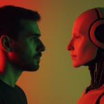Homem com aparência de programador encara um robô humanoide em um ambiente com iluminação bicolor em tons de vermelho e verde; a imagem simboliza a relação entre humanos e inteligência artificial.