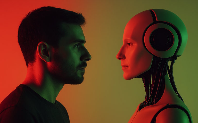 Homem com aparência de programador encara um robô humanoide em um ambiente com iluminação bicolor em tons de vermelho e verde; a imagem simboliza a relação entre humanos e inteligência artificial.