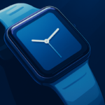 Ilustração digital de um smartwatch com mostrador quadrado azul escuro, pulseira de silicone e ponteiros brancos sobre fundo em degradê azul.