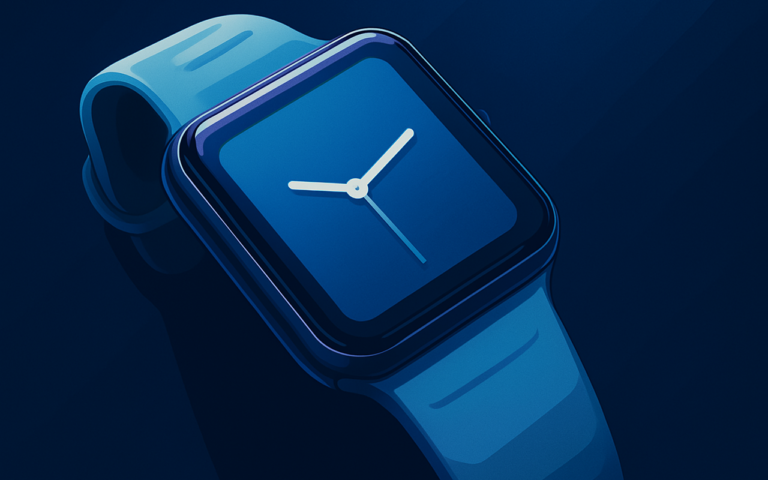 Ilustração digital de um smartwatch com mostrador quadrado azul escuro, pulseira de silicone e ponteiros brancos sobre fundo em degradê azul.