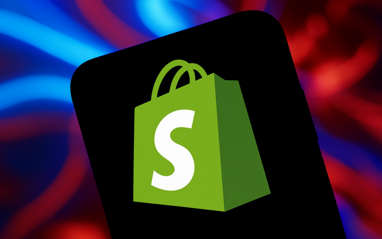 Logo da Shopify exibido na tela de um smartphone com fundo desfocado em tons vibrantes de azul e vermelho, criando um contraste moderno e chamativo.