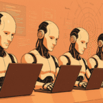 Robôs humanoides trabalhando em computadores em linha de produção, simbolizando o uso intensivo de inteligência artificial na criação de textos e o desafio de tornar esses conteúdos indetectáveis por ferramentas que identificam textos gerados por IA.