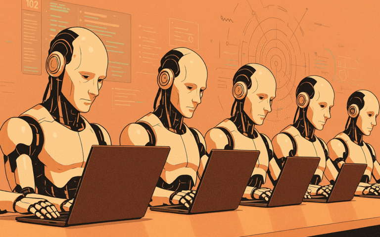 Robôs humanoides trabalhando em computadores em linha de produção, simbolizando o uso intensivo de inteligência artificial na criação de textos e o desafio de tornar esses conteúdos indetectáveis por ferramentas que identificam textos gerados por IA.