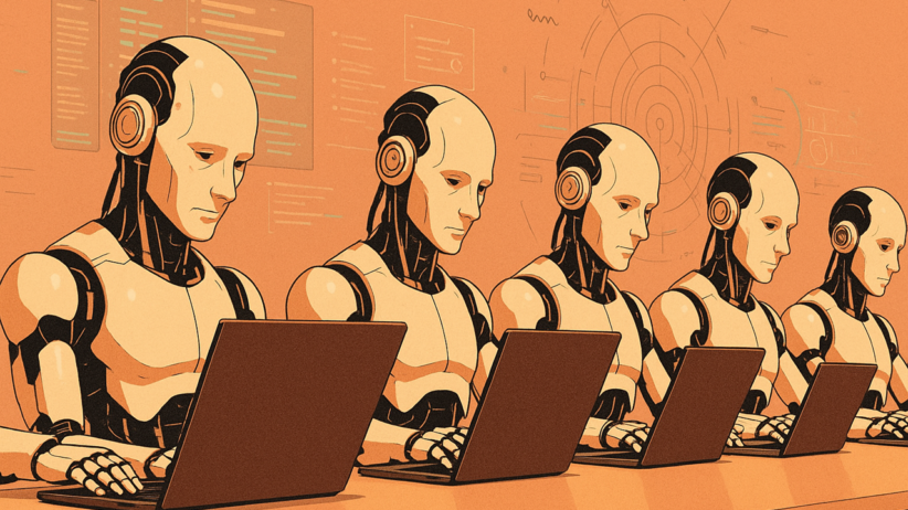 Robôs humanoides trabalhando em computadores em linha de produção, simbolizando o uso intensivo de inteligência artificial na criação de textos e o desafio de tornar esses conteúdos indetectáveis por ferramentas que identificam textos gerados por IA.