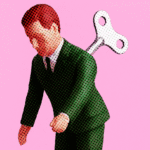 Ilustração digital em estilo pontilhado retrata um homem de terno verde com uma chave de corda nas costas, sobre fundo rosa, simbolizando trabalho automatizado.