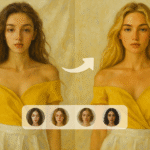 Ilustração artística mostrando a transformação visual de uma mulher. A imagem retrata duas versões da mesma mulher, lado a lado, com uma seta indicando mudança, representando os pedidos perturbadores feitos por mulheres ao ChatGPT sobre beleza e autoimagem.