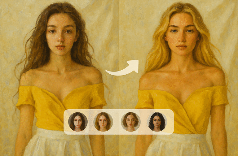 Ilustração artística mostrando a transformação visual de uma mulher. A imagem retrata duas versões da mesma mulher, lado a lado, com uma seta indicando mudança, representando os pedidos perturbadores feitos por mulheres ao ChatGPT sobre beleza e autoimagem.