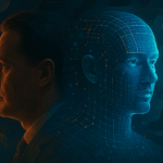Homem de perfil ao lado de um avatar digital em azul, representando a transição entre liderança humana e inteligência artificial em ambientes corporativos.