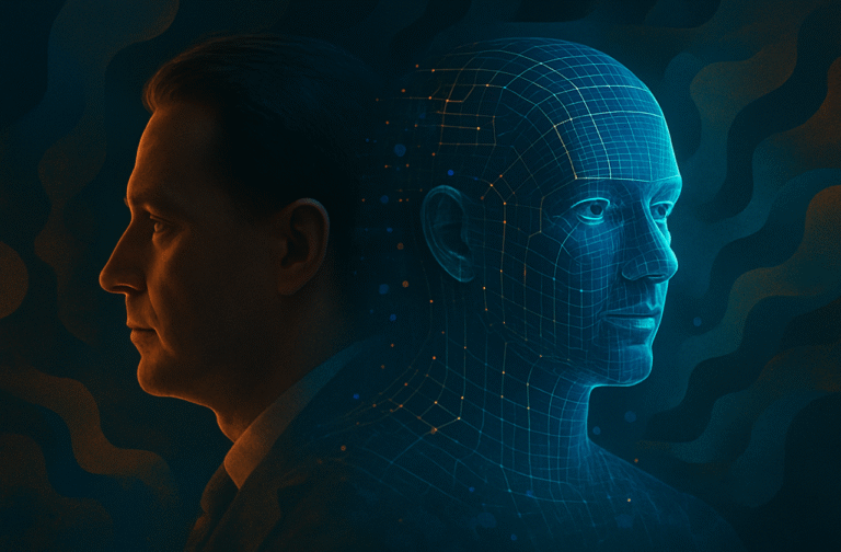 Homem de perfil ao lado de um avatar digital em azul, representando a transição entre liderança humana e inteligência artificial em ambientes corporativos.