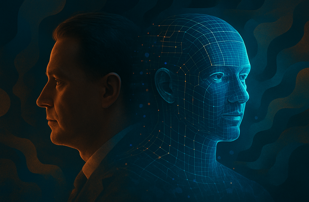 Homem de perfil ao lado de um avatar digital em azul, representando a transição entre liderança humana e inteligência artificial em ambientes corporativos.