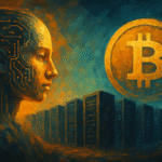 Ilustração abstrata e artística representando a disputa de consumo de energia entre a inteligência artificial, simbolizada por um rosto digital, e o Bitcoin, com seu logo dourado. Ao fundo, aparecem servidores de data centers, sugerindo o aumento da demanda energética.