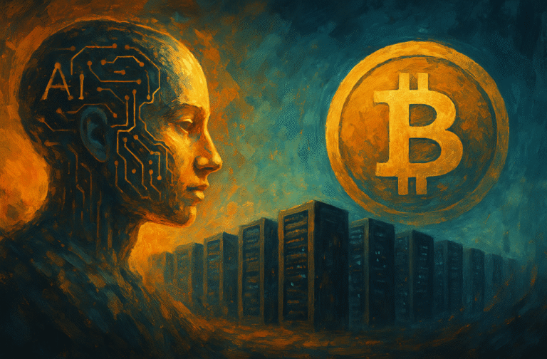 Ilustração abstrata e artística representando a disputa de consumo de energia entre a inteligência artificial, simbolizada por um rosto digital, e o Bitcoin, com seu logo dourado. Ao fundo, aparecem servidores de data centers, sugerindo o aumento da demanda energética.