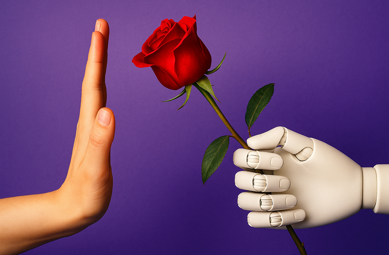 Mão humana rejeita uma rosa oferecida por uma mão robótica, simbolizando a reação negativa dos usuários ao comportamento bajulador do ChatGPT após atualização da OpenAI.