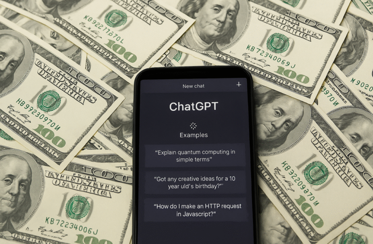 Celular exibindo a tela do ChatGPT sobre uma pilha de notas de cem dólares, ilustrando como a ferramenta foi usada para gerar renda e alcançar metas financeiras.