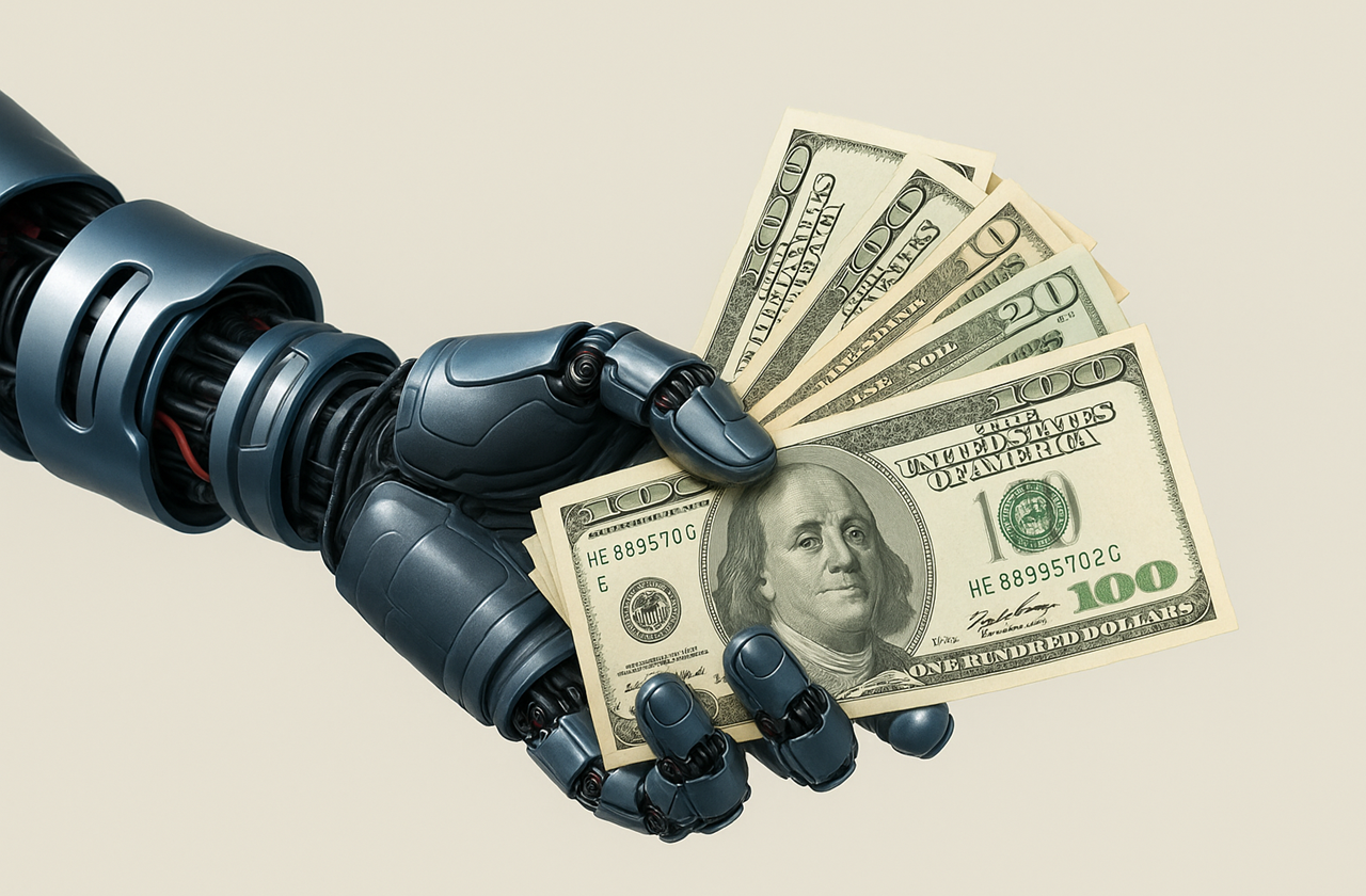 Mão robótica segurando notas de dólar, representando as possibilidades de ganhar dinheiro utilizando inteligência artificial generativa como o ChatGPT.