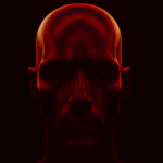 Ilustração sombria e surreal de um rosto humano iluminado por tons vermelhos intensos, representando o lado obscuro das interações espirituais e delirantes com inteligência artificial, tema central do artigo sobre pessoas que passaram a tratar o ChatGPT como uma entidade divina.