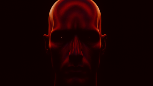 Ilustração sombria e surreal de um rosto humano iluminado por tons vermelhos intensos, representando o lado obscuro das interações espirituais e delirantes com inteligência artificial, tema central do artigo sobre pessoas que passaram a tratar o ChatGPT como uma entidade divina.
