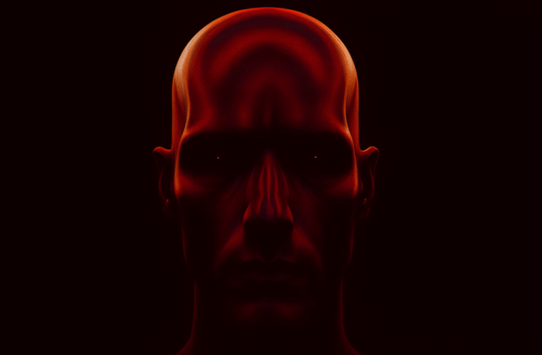Ilustração sombria e surreal de um rosto humano iluminado por tons vermelhos intensos, representando o lado obscuro das interações espirituais e delirantes com inteligência artificial, tema central do artigo sobre pessoas que passaram a tratar o ChatGPT como uma entidade divina.