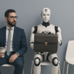 Homem de terno sentado ao lado de um robô com pasta de trabalho, representando a substituição de profissionais humanos pela inteligência artificial no mercado de trabalho.