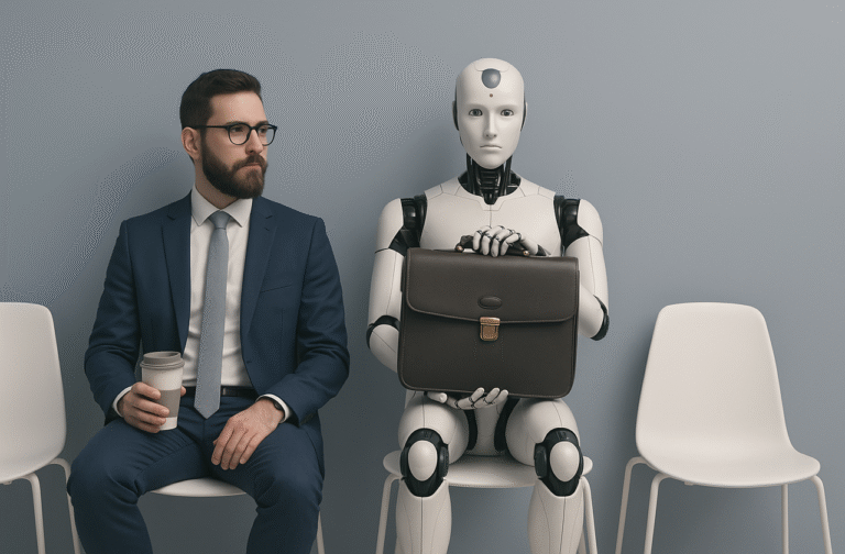 Homem de terno sentado ao lado de um robô com pasta de trabalho, representando a substituição de profissionais humanos pela inteligência artificial no mercado de trabalho.