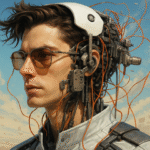 Homem com implantes cibernéticos e fios conectados à cabeça, simbolizando a integração entre humanos e inteligência artificial no cotidiano moderno.