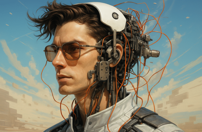 Homem com implantes cibernéticos e fios conectados à cabeça, simbolizando a integração entre humanos e inteligência artificial no cotidiano moderno.