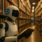 Robô humanoide lendo um livro em uma biblioteca, representando o aprendizado e a busca por conhecimento presente nos melhores livros sobre inteligência artificial