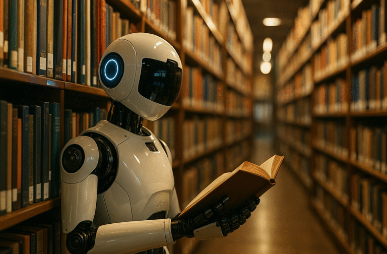 Robô humanoide lendo um livro em uma biblioteca, representando o aprendizado e a busca por conhecimento presente nos melhores livros sobre inteligência artificial